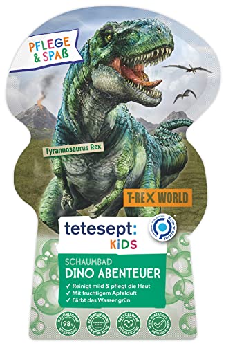 tetesept Kids Schaumbad Dino Abenteuer mit fruchtigem Apfelduft und pflegender Aloe Vera – dinostarker T-Rex-World Kinder Badespaß mit Badeschaum und grünem Wasser – 1 x ml im Sale